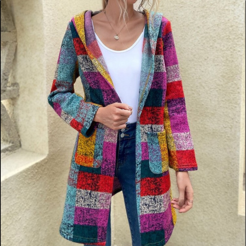 Cozy Boho Plaid Color Block Pocket Hoodie Hooded Sweater Vibrant Colorful - Picture 2 of 8